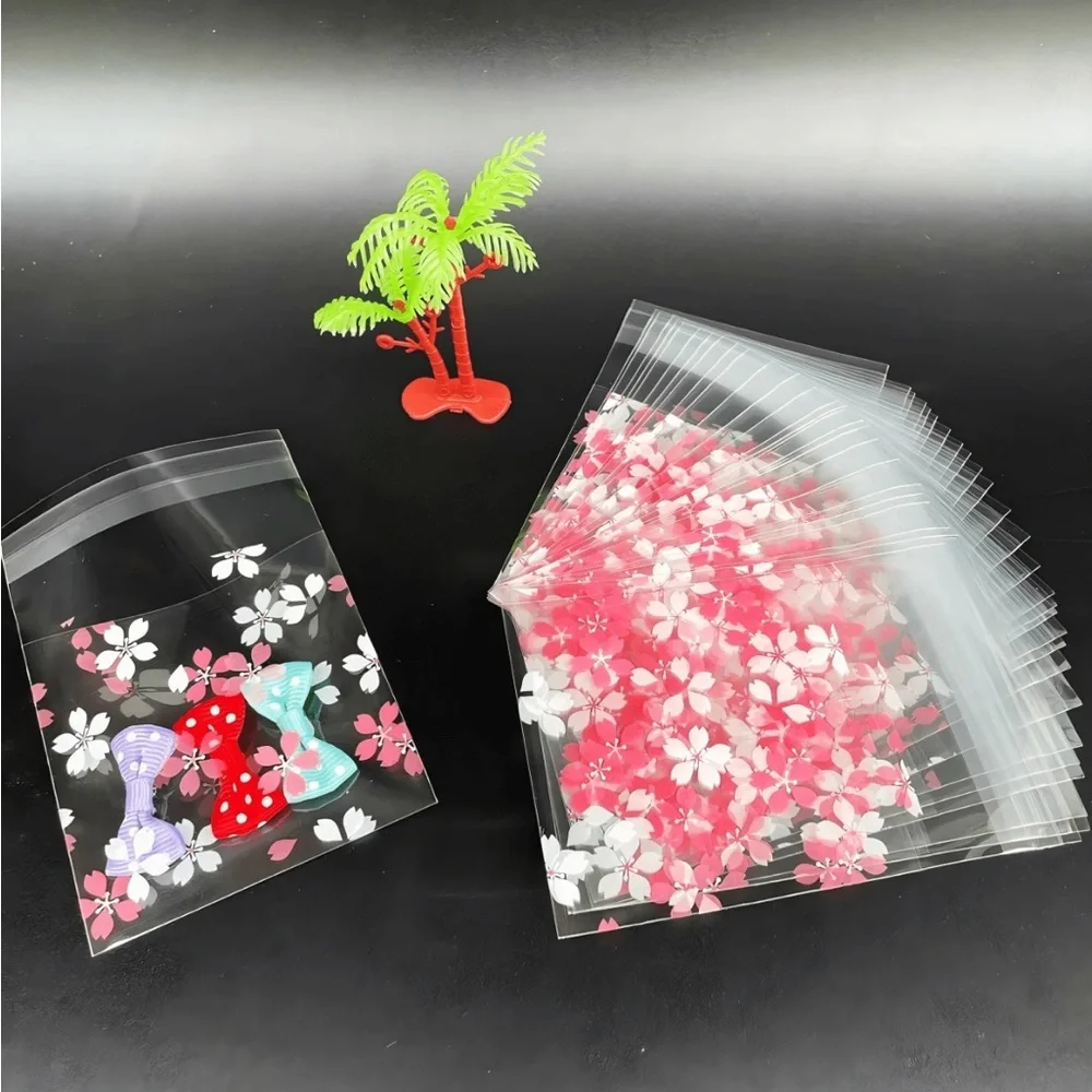Floral Clear Plastic Small Bags - Pink and White (50 pack)
